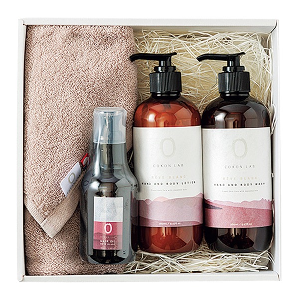 <12月以降お届け>「ココン・ラボ」ハンド&ボディウォッシュ・ローション・ヘアオイル・ハンドタオルセット(ヘアオイルはレーヴブランのみ)<常温便>