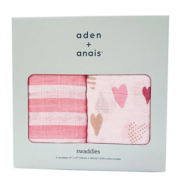 【aden+anais(エイデンアンドアネイ)】スワドル(おくるみ)2枚入り <ハート柄>